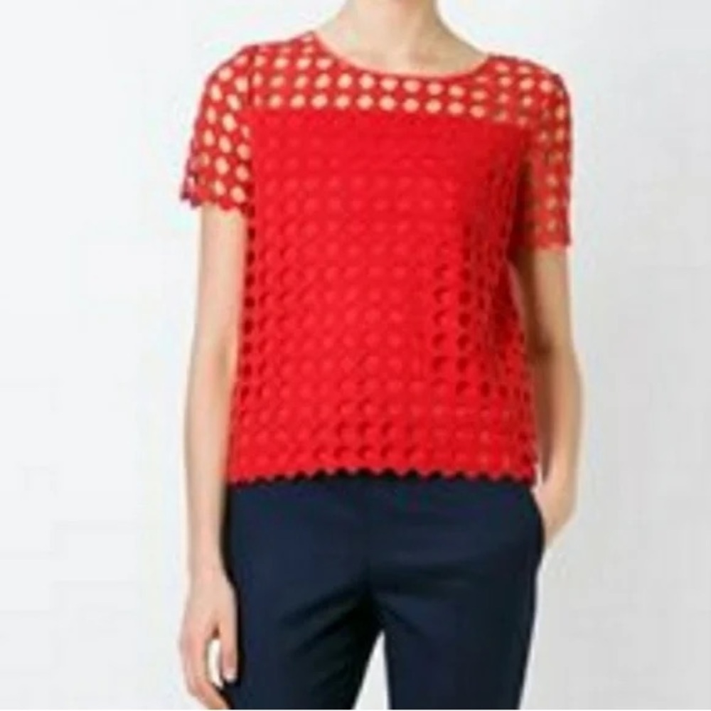 TORY BURCH Short Sleeve Linen Blend Cut-Out Guipure Lace Overlay Top